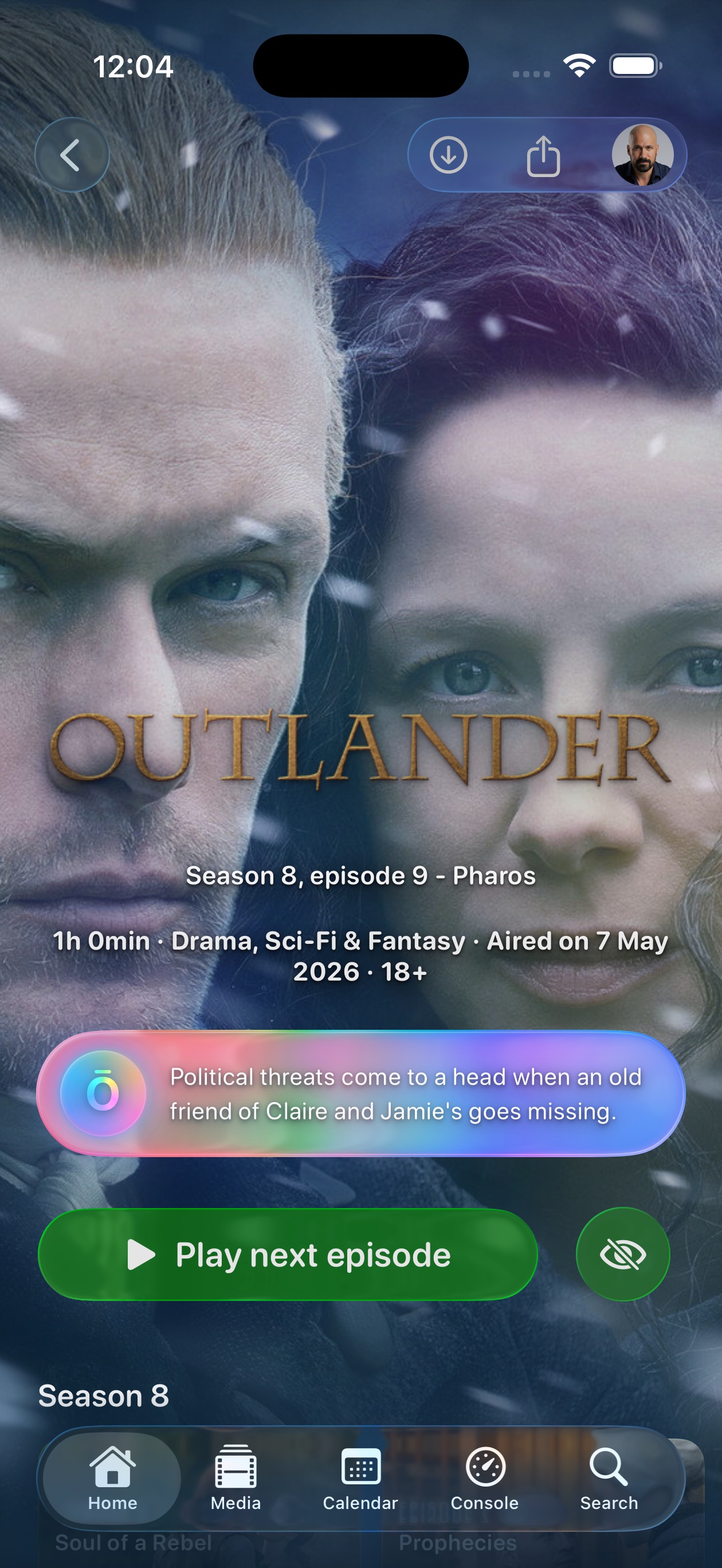 Ōree episode detail screen for Outlander